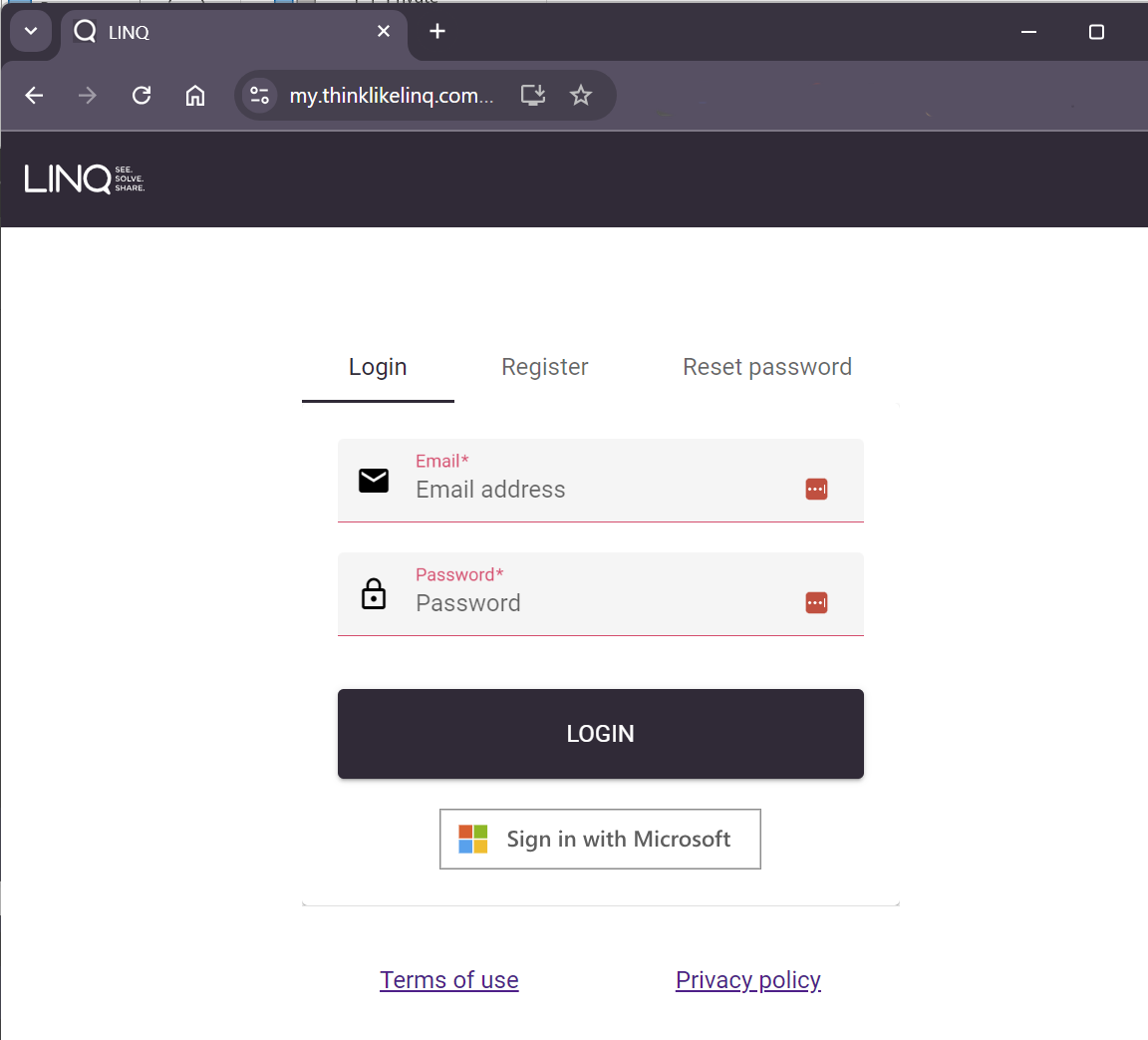 Image showing the login screen for LINQ version 2, either using email and password or using your Microsoft login details