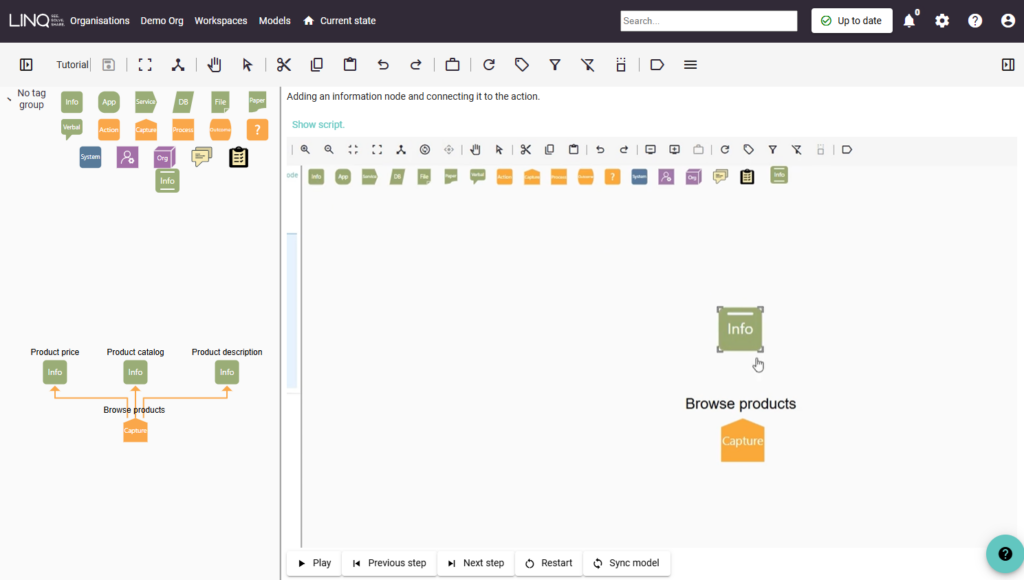 Image showing the LINQ Tutorial running in a panel alongside the modelling canvas so users can follow the tutorial and learn how to capture content using LINQ