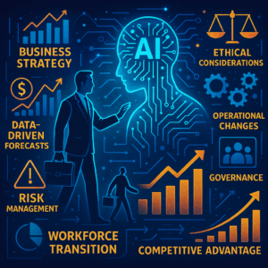 A dynamic and futuristic image representing AI integration into business strategy, financial impact, workforce transition, risks and ethical dilemmas, and organisation governance