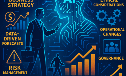 A dynamic and futuristic image representing AI integration into business strategy, financial impact, workforce transition, risks and ethical dilemmas, and organisation governance
