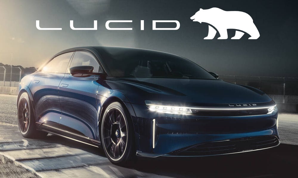 Lucid Motors logo featuring the bear logo and their high performance EV car