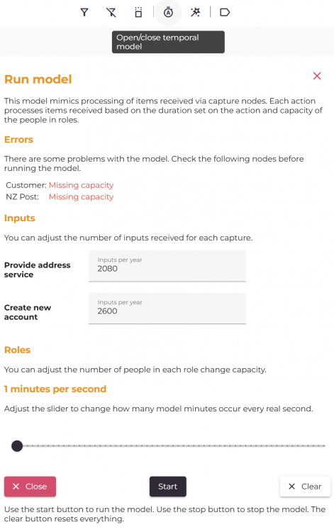 The 'Run Model' dialogue allowing scenarios based on frequency and capacity to be run on a model